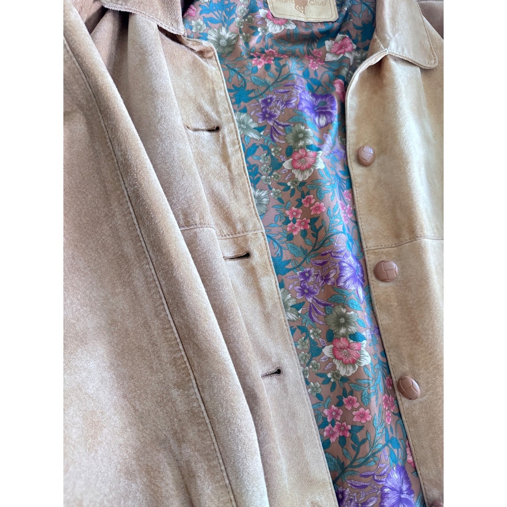 Hunt Club Suede Bomber Jacket Womens M Tan Leather Coat Floral Lined Vintage 90s